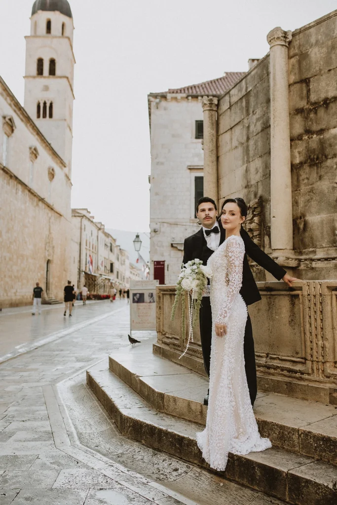old town dubrovnik stradun, couple posing for photo