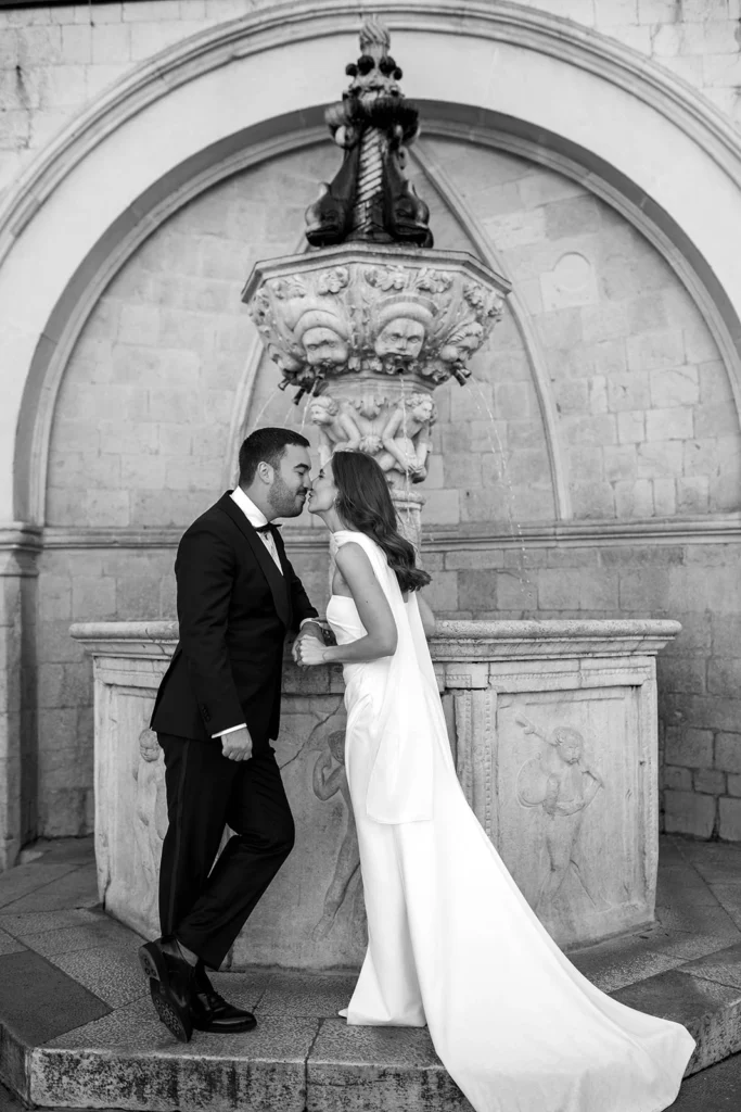 black and white photo of bride and groom